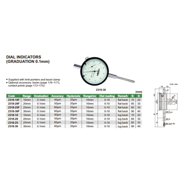 Insize Dial Indicators (Graduation 0.1mm) Type 2318-30F