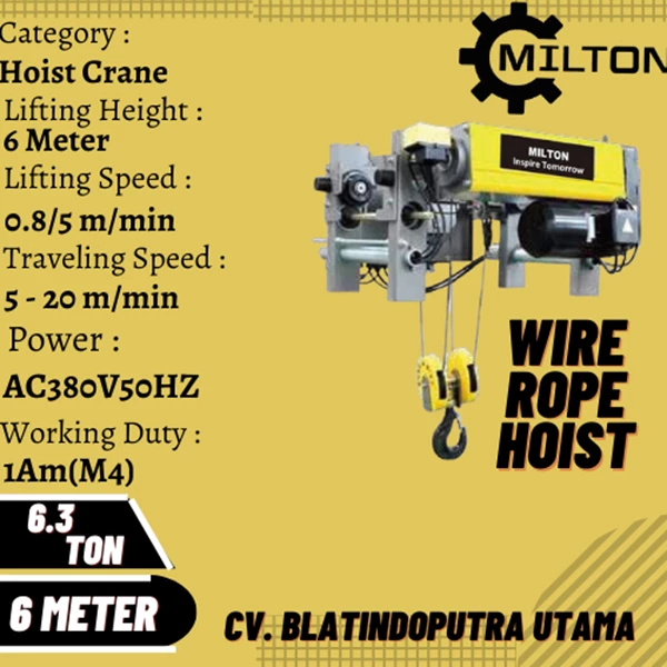 wire rope hoist kapasitas 6.3 tons 6 meters MILTON