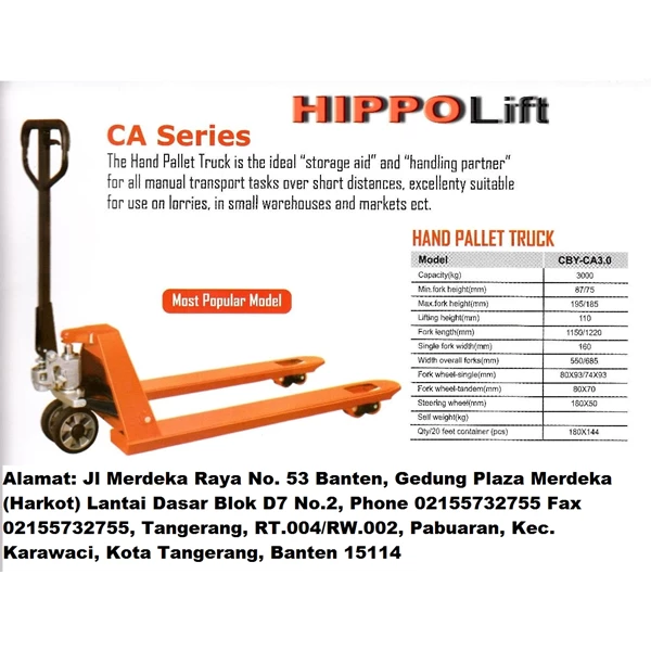 Hand Pallet Capacity 3 Ton Hippo Lift Model CBY-CA3.0